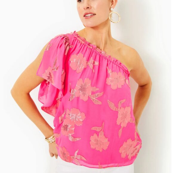 Lilly Pulitzer NWT Sarahleigh Silk Blend One Shoulder Tank Top Pink Gold Small - Picture 1 of 7